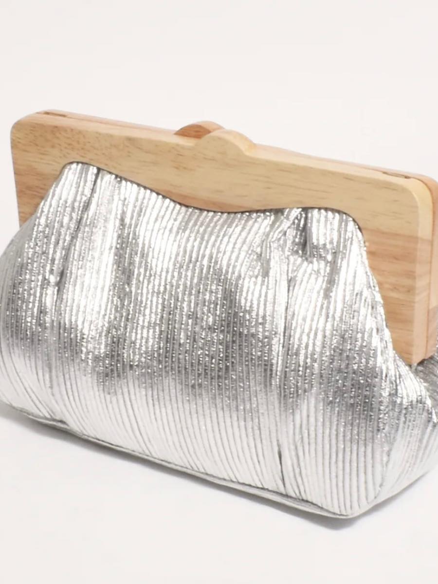 Mira Metallic Pleated Timber Frame Clutch Silver